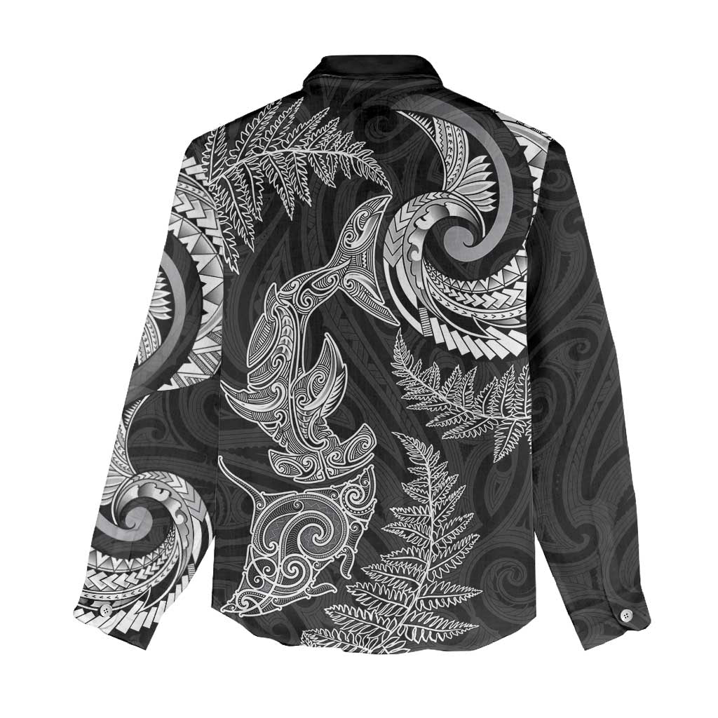 New Zealand Sea Animals with Maori Tribal Tattoo Women Casual Shirt Shark Manta Ray with Silver Fern Black