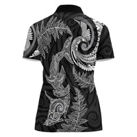 New Zealand Sea Animals with Maori Tribal Tattoo Women Polo Shirt Shark Manta Ray with Silver Fern Black