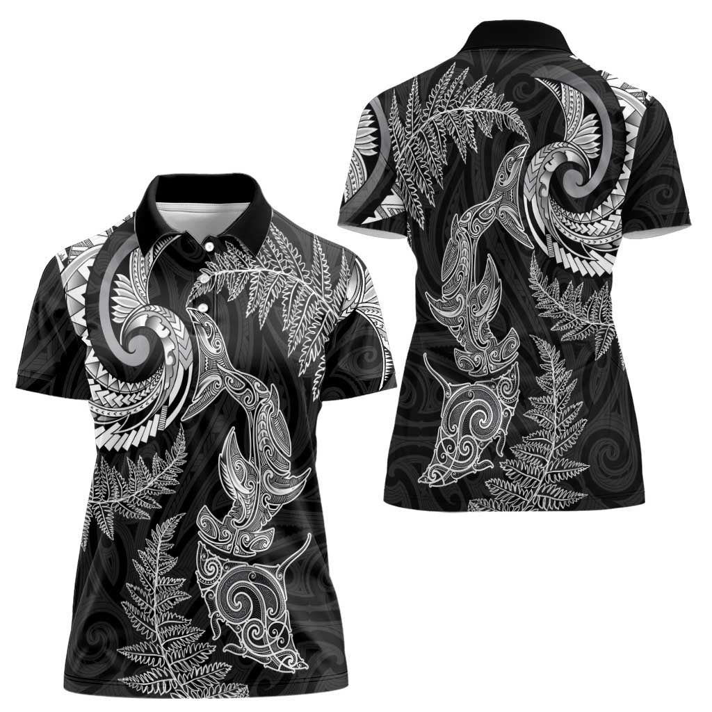 New Zealand Sea Animals with Maori Tribal Tattoo Women Polo Shirt Shark Manta Ray with Silver Fern Black