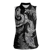New Zealand Sea Animals with Maori Tribal Tattoo Women Sleeveless Polo Shirt Shark Manta Ray with Silver Fern Black