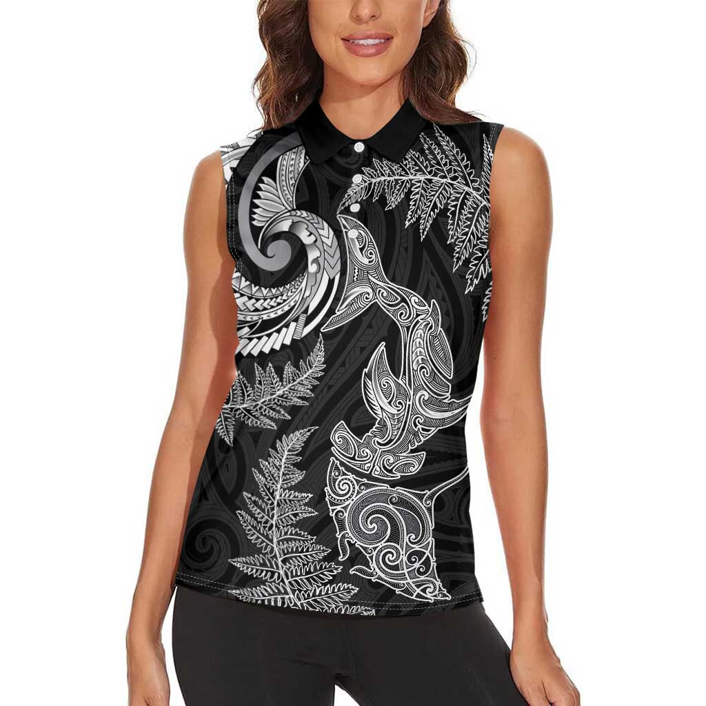 New Zealand Sea Animals with Maori Tribal Tattoo Women Sleeveless Polo Shirt Shark Manta Ray with Silver Fern Black