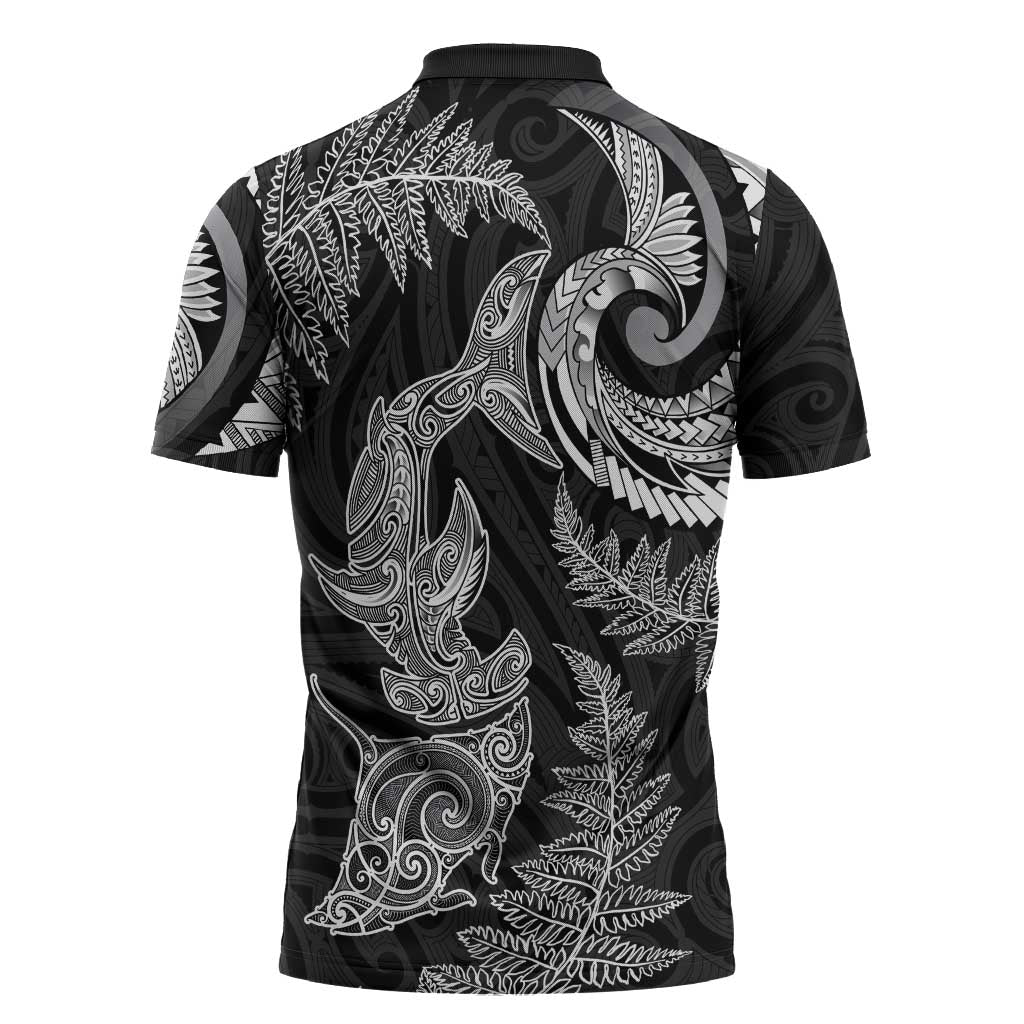 New Zealand Sea Animals with Maori Tribal Tattoo Zipper Polo Shirt Shark Manta Ray with Silver Fern Black LT03 - Polynesian Pride