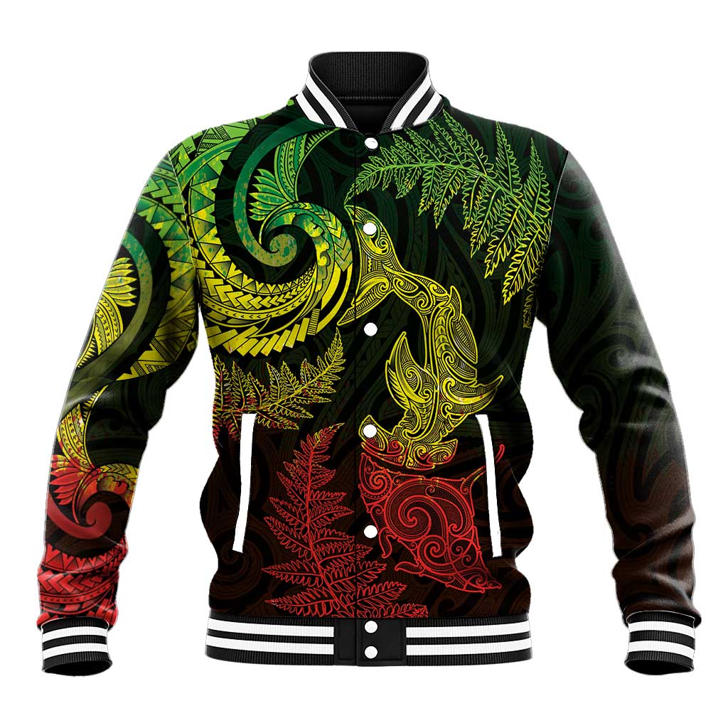 New Zealand Sea Animals with Maori Tribal Tattoo Baseball Jacket Shark Manta Ray with Silver Fern Reggae LT03 Unisex Reggae - Polynesian Pride