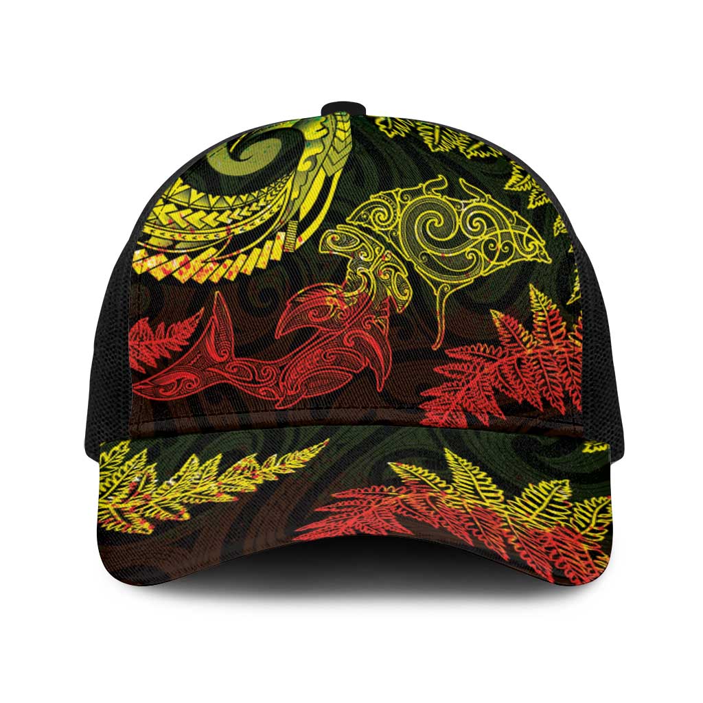 New Zealand Sea Animals with Maori Tribal Tattoo Baseball Net Cap Shark Manta Ray with Silver Fern Reggae LT03 One Size Black Reggae - Polynesian Pride