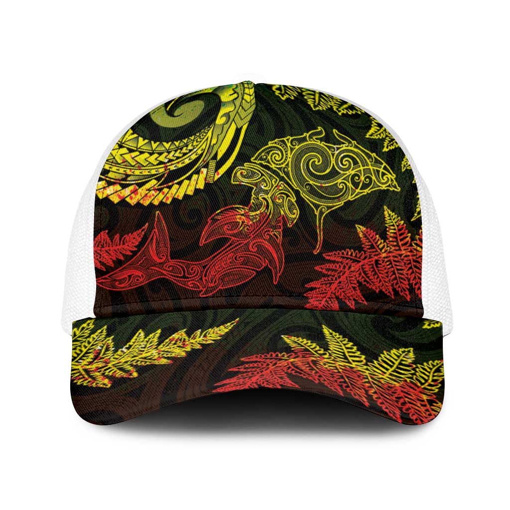 New Zealand Sea Animals with Maori Tribal Tattoo Baseball Net Cap Shark Manta Ray with Silver Fern Reggae LT03 One Size White Reggae - Polynesian Pride