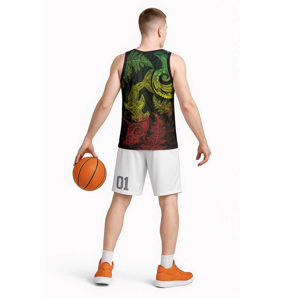 New Zealand Sea Animals with Maori Tribal Tattoo Basketball Jersey Shark Manta Ray with Silver Fern Reggae LT03 - Polynesian Pride