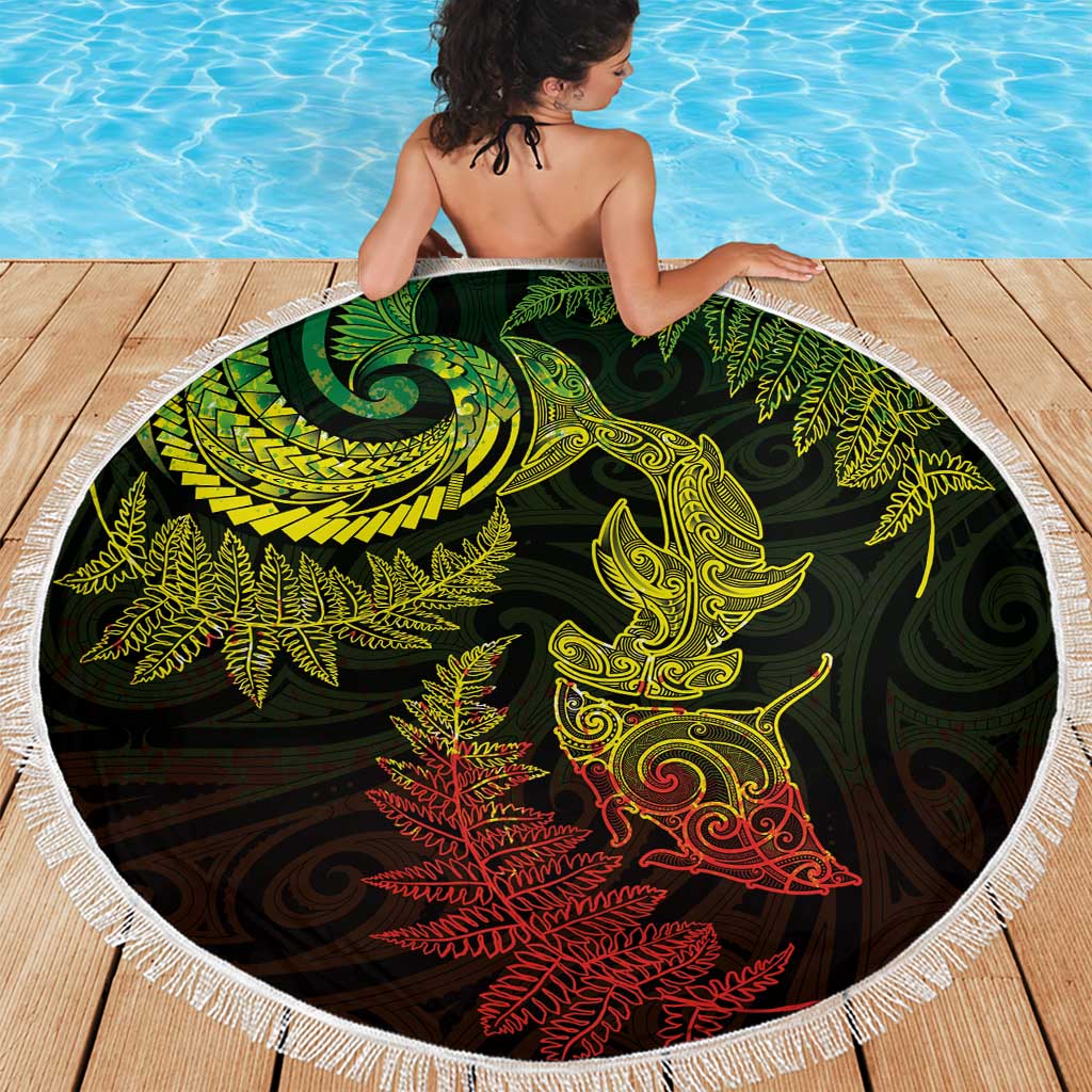 New Zealand Sea Animals with Maori Tribal Tattoo Beach Blanket Shark Manta Ray with Silver Fern Reggae