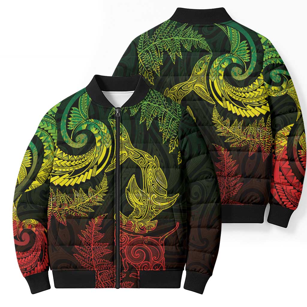 New Zealand Sea Animals with Maori Tribal Tattoo Bomber Puffer Jacket Shark Manta Ray with Silver Fern Reggae LT03 - Polynesian Pride
