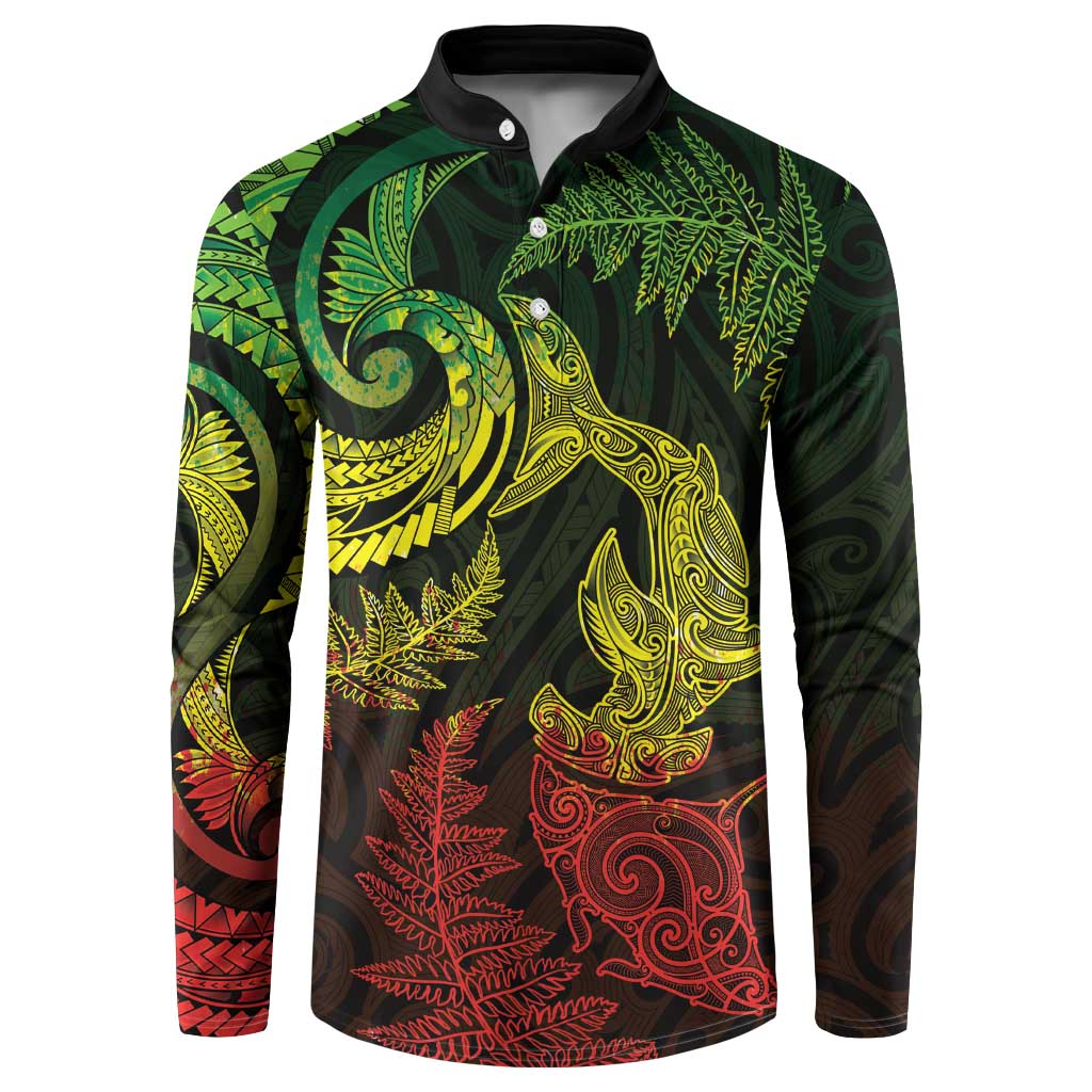 New Zealand Sea Animals with Maori Tribal Tattoo Button Sweatshirt Shark Manta Ray with Silver Fern Reggae LT03 Reggae - Polynesian Pride