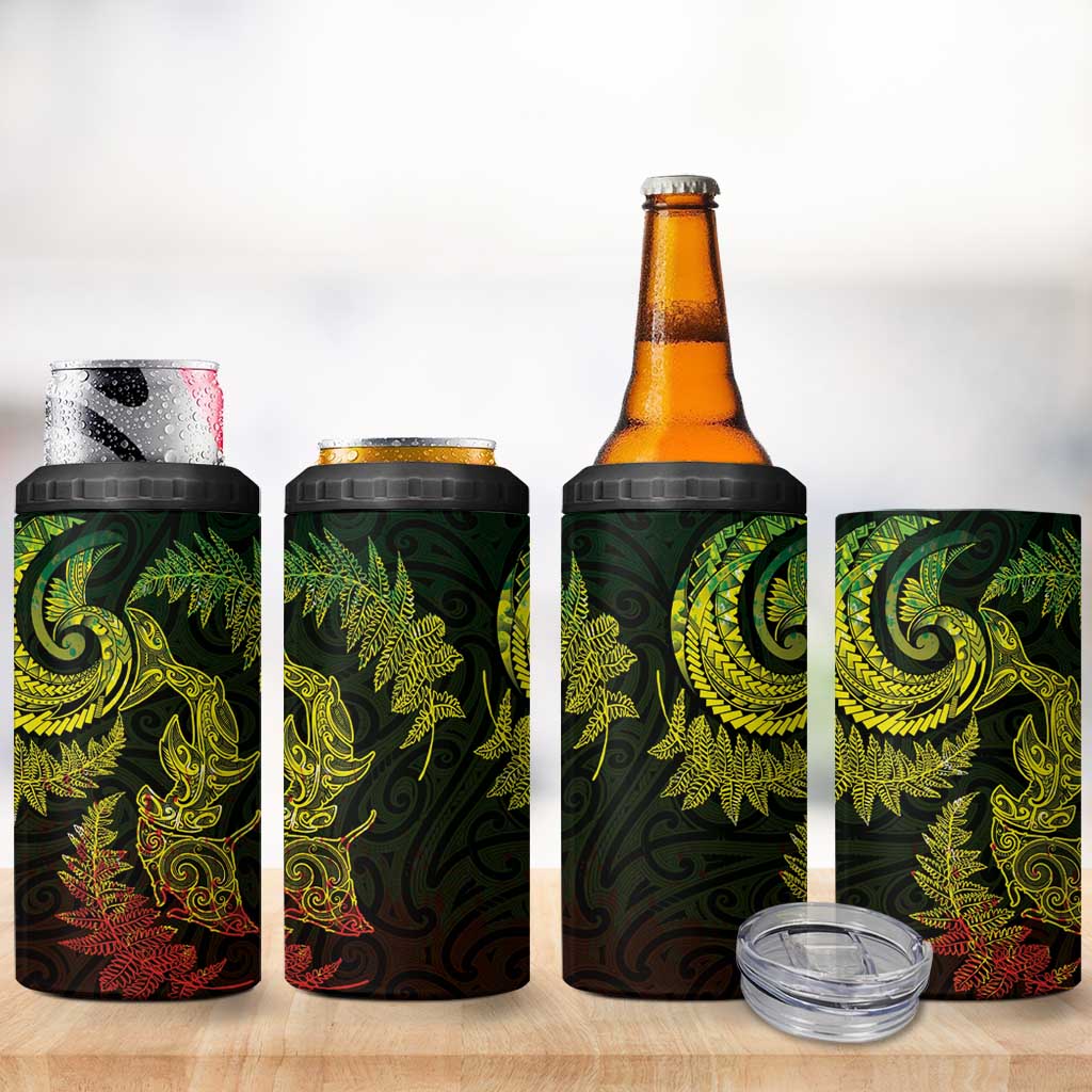 New Zealand Sea Animals with Maori Tribal Tattoo 4 in 1 Can Cooler Tumbler Shark Manta Ray with Silver Fern Reggae LT03 - Polynesian Pride