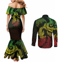 New Zealand Sea Animals with Maori Tribal Tattoo Couples Matching Mermaid Dress and Long Sleeve Button Shirt Shark Manta Ray with Silver Fern Reggae LT03 - Polynesian Pride