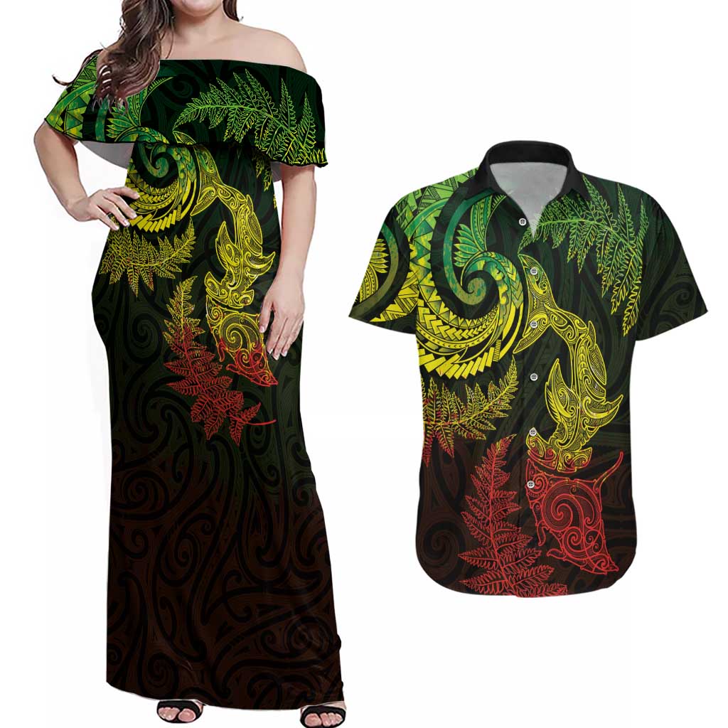 New Zealand Sea Animals with Maori Tribal Tattoo Couples Matching Off Shoulder Maxi Dress and Hawaiian Shirt Shark Manta Ray with Silver Fern Reggae LT03 Reggae - Polynesian Pride