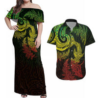 New Zealand Sea Animals with Maori Tribal Tattoo Couples Matching Off Shoulder Maxi Dress and Hawaiian Shirt Shark Manta Ray with Silver Fern Reggae LT03 Reggae - Polynesian Pride