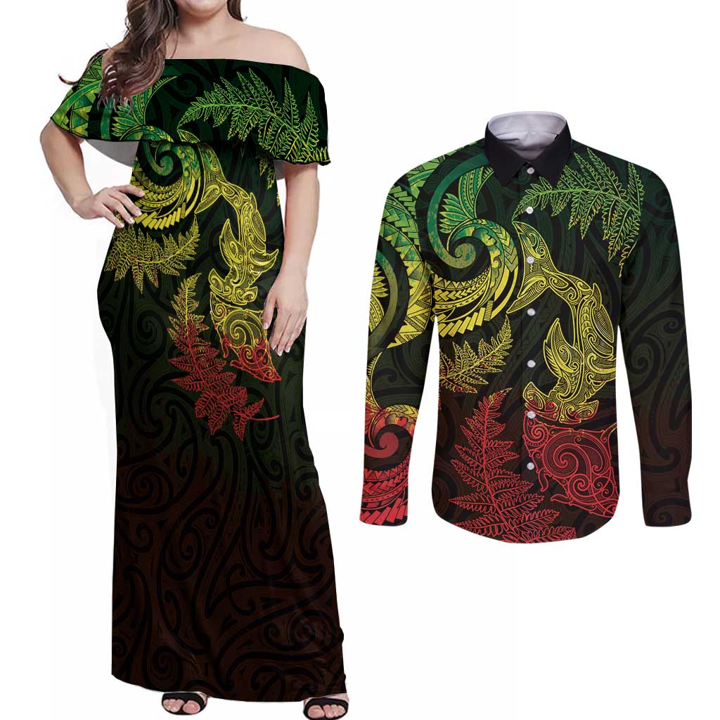New Zealand Sea Animals with Maori Tribal Tattoo Couples Matching Off Shoulder Maxi Dress and Long Sleeve Button Shirt Shark Manta Ray with Silver Fern Reggae LT03 Reggae - Polynesian Pride