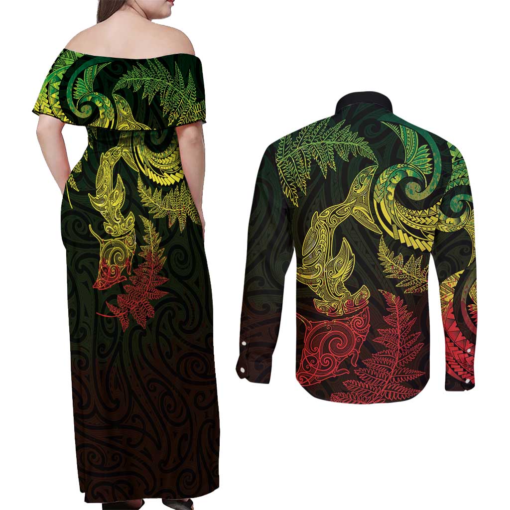 New Zealand Sea Animals with Maori Tribal Tattoo Couples Matching Off Shoulder Maxi Dress and Long Sleeve Button Shirt Shark Manta Ray with Silver Fern Reggae LT03 - Polynesian Pride