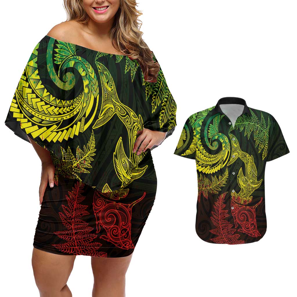 New Zealand Sea Animals with Maori Tribal Tattoo Couples Matching Off Shoulder Short Dress and Hawaiian Shirt Shark Manta Ray with Silver Fern Reggae LT03 Reggae - Polynesian Pride