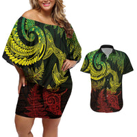 New Zealand Sea Animals with Maori Tribal Tattoo Couples Matching Off Shoulder Short Dress and Hawaiian Shirt Shark Manta Ray with Silver Fern Reggae LT03 Reggae - Polynesian Pride