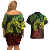 New Zealand Sea Animals with Maori Tribal Tattoo Couples Matching Off Shoulder Short Dress and Hawaiian Shirt Shark Manta Ray with Silver Fern Reggae LT03 - Polynesian Pride