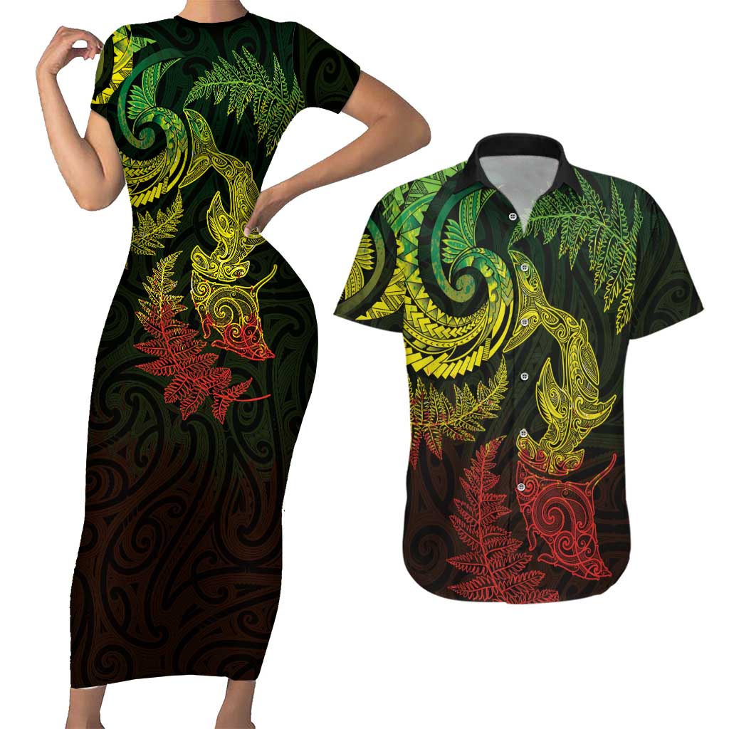 New Zealand Sea Animals with Maori Tribal Tattoo Couples Matching Short Sleeve Bodycon Dress and Hawaiian Shirt Shark Manta Ray with Silver Fern Reggae