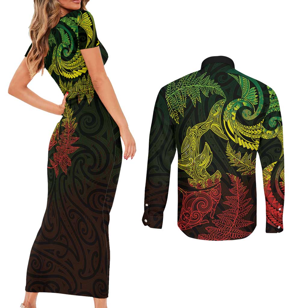 New Zealand Sea Animals with Maori Tribal Tattoo Couples Matching Short Sleeve Bodycon Dress and Long Sleeve Button Shirt Shark Manta Ray with Silver Fern Reggae LT03 - Polynesian Pride