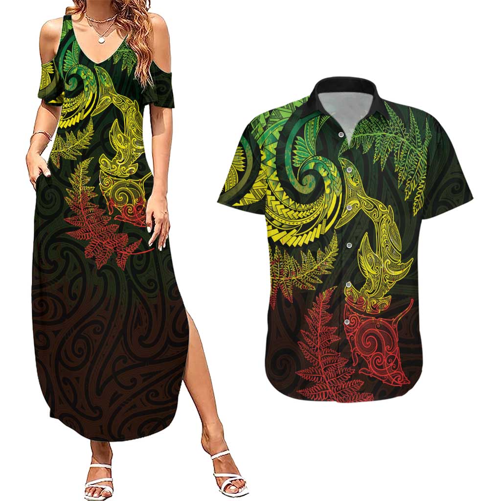 New Zealand Sea Animals with Maori Tribal Tattoo Couples Matching Summer Maxi Dress and Hawaiian Shirt Shark Manta Ray with Silver Fern Reggae LT03 Reggae - Polynesian Pride
