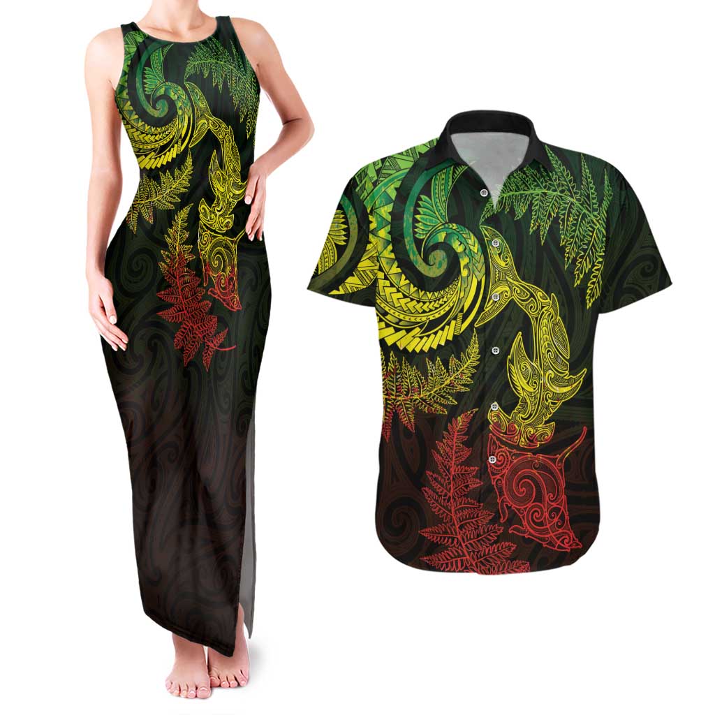 New Zealand Sea Animals with Maori Tribal Tattoo Couples Matching Tank Maxi Dress and Hawaiian Shirt Shark Manta Ray with Silver Fern Reggae LT03 Reggae - Polynesian Pride