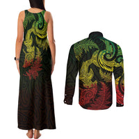 New Zealand Sea Animals with Maori Tribal Tattoo Couples Matching Tank Maxi Dress and Long Sleeve Button Shirt Shark Manta Ray with Silver Fern Reggae LT03 - Polynesian Pride