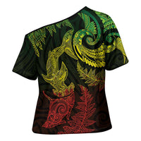 New Zealand Sea Animals with Maori Tribal Tattoo Cross Shoulder Shirt Shark Manta Ray with Silver Fern Reggae LT03 - Polynesian Pride