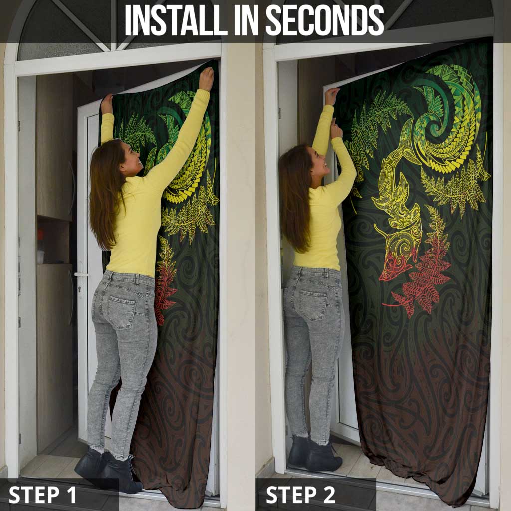 New Zealand Sea Animals with Maori Tribal Tattoo Door Cover Shark Manta Ray with Silver Fern Reggae