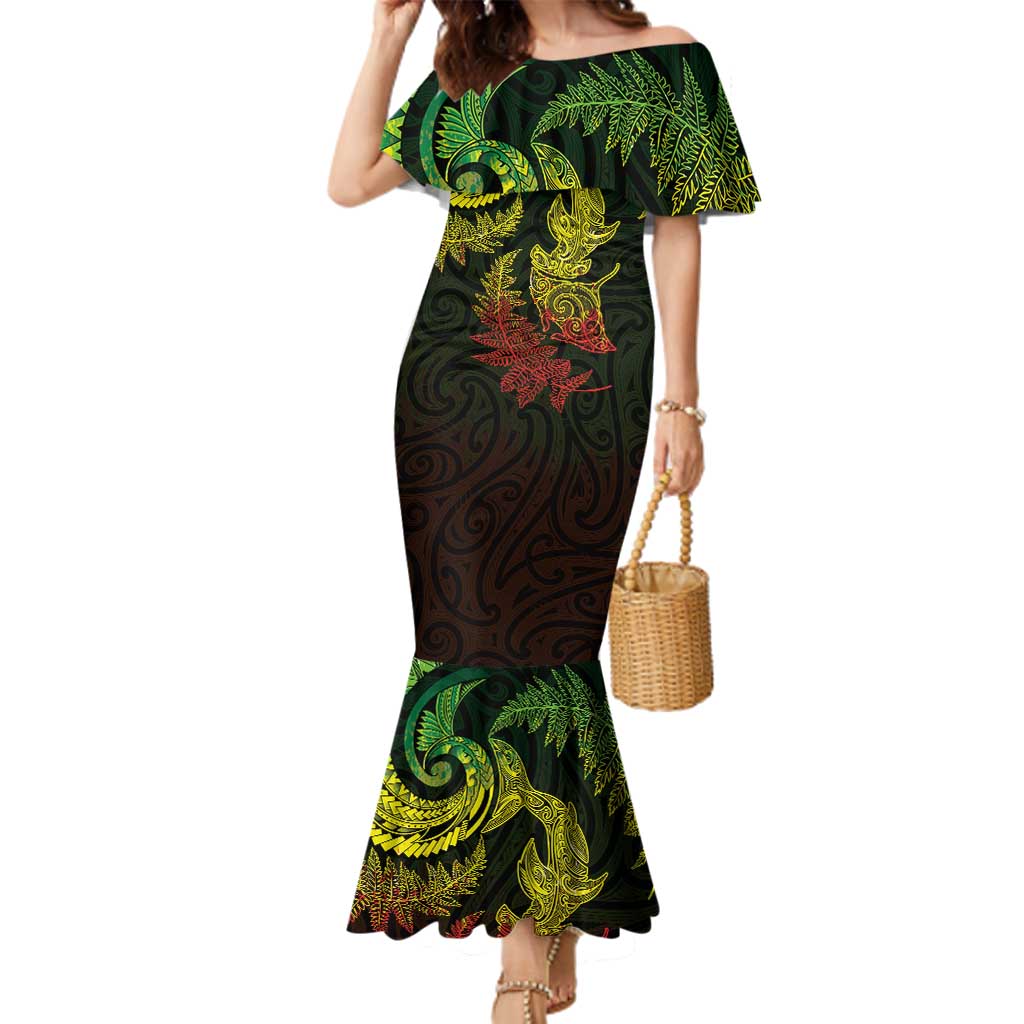 New Zealand Sea Animals with Maori Tribal Tattoo Family Matching Mermaid Dress and Hawaiian Shirt Shark Manta Ray with Silver Fern Reggae LT03 Mom's Dress Reggae - Polynesian Pride