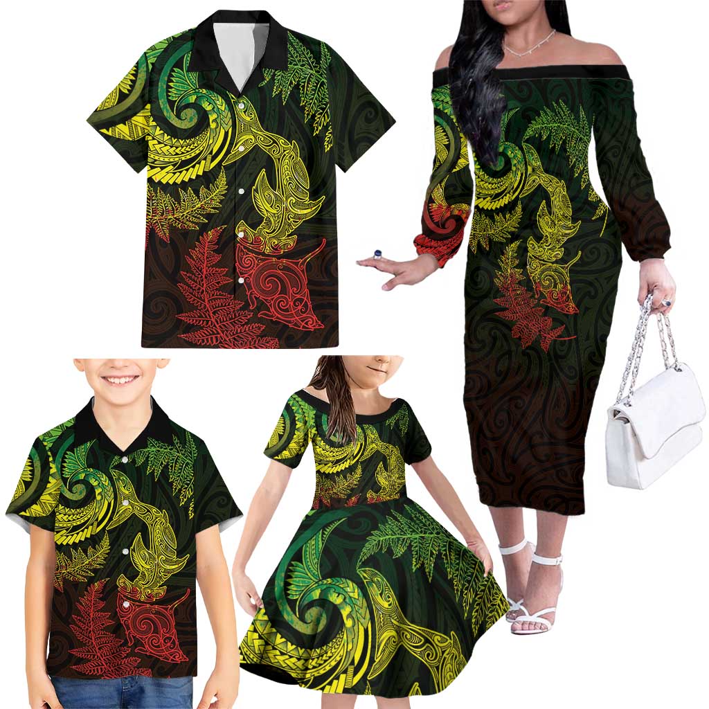 New Zealand Sea Animals with Maori Tribal Tattoo Family Matching Off The Shoulder Long Sleeve Dress and Hawaiian Shirt Shark Manta Ray with Silver Fern Reggae LT03 - Polynesian Pride