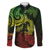 New Zealand Sea Animals with Maori Tribal Tattoo Family Matching Off The Shoulder Long Sleeve Dress and Hawaiian Shirt Shark Manta Ray with Silver Fern Reggae LT03 Dad's Shirt - Long Sleeve Reggae - Polynesian Pride