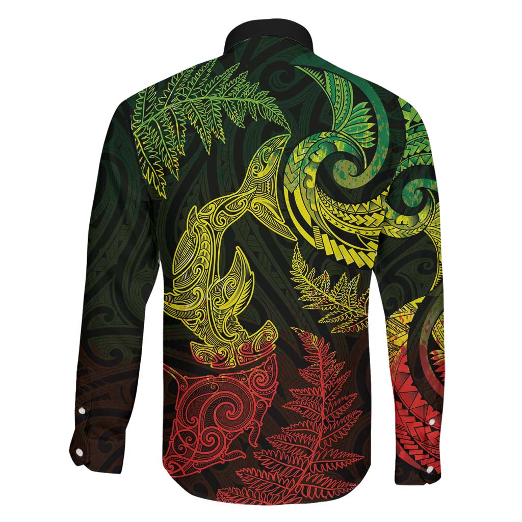 New Zealand Sea Animals with Maori Tribal Tattoo Family Matching Off The Shoulder Long Sleeve Dress and Hawaiian Shirt Shark Manta Ray with Silver Fern Reggae LT03 - Polynesian Pride