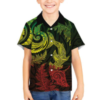 New Zealand Sea Animals with Maori Tribal Tattoo Family Matching Off The Shoulder Long Sleeve Dress and Hawaiian Shirt Shark Manta Ray with Silver Fern Reggae LT03 Son's Shirt Reggae - Polynesian Pride