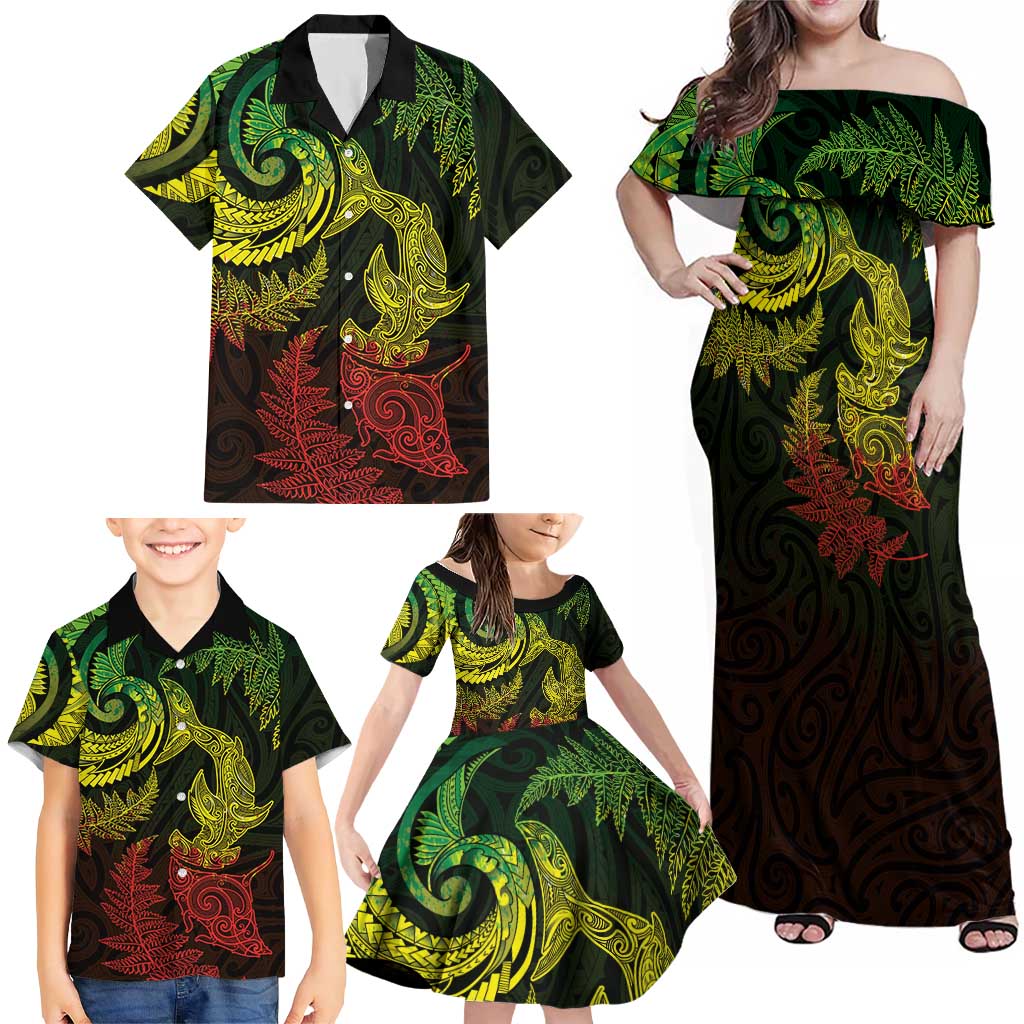 New Zealand Sea Animals with Maori Tribal Tattoo Family Matching Off Shoulder Maxi Dress and Hawaiian Shirt Shark Manta Ray with Silver Fern Reggae LT03 - Polynesian Pride