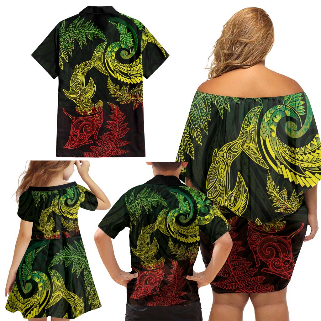 New Zealand Sea Animals with Maori Tribal Tattoo Family Matching Off Shoulder Short Dress and Hawaiian Shirt Shark Manta Ray with Silver Fern Reggae LT03 - Polynesian Pride