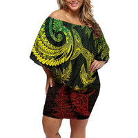 New Zealand Sea Animals with Maori Tribal Tattoo Family Matching Off Shoulder Short Dress and Hawaiian Shirt Shark Manta Ray with Silver Fern Reggae LT03 Mom's Dress Reggae - Polynesian Pride