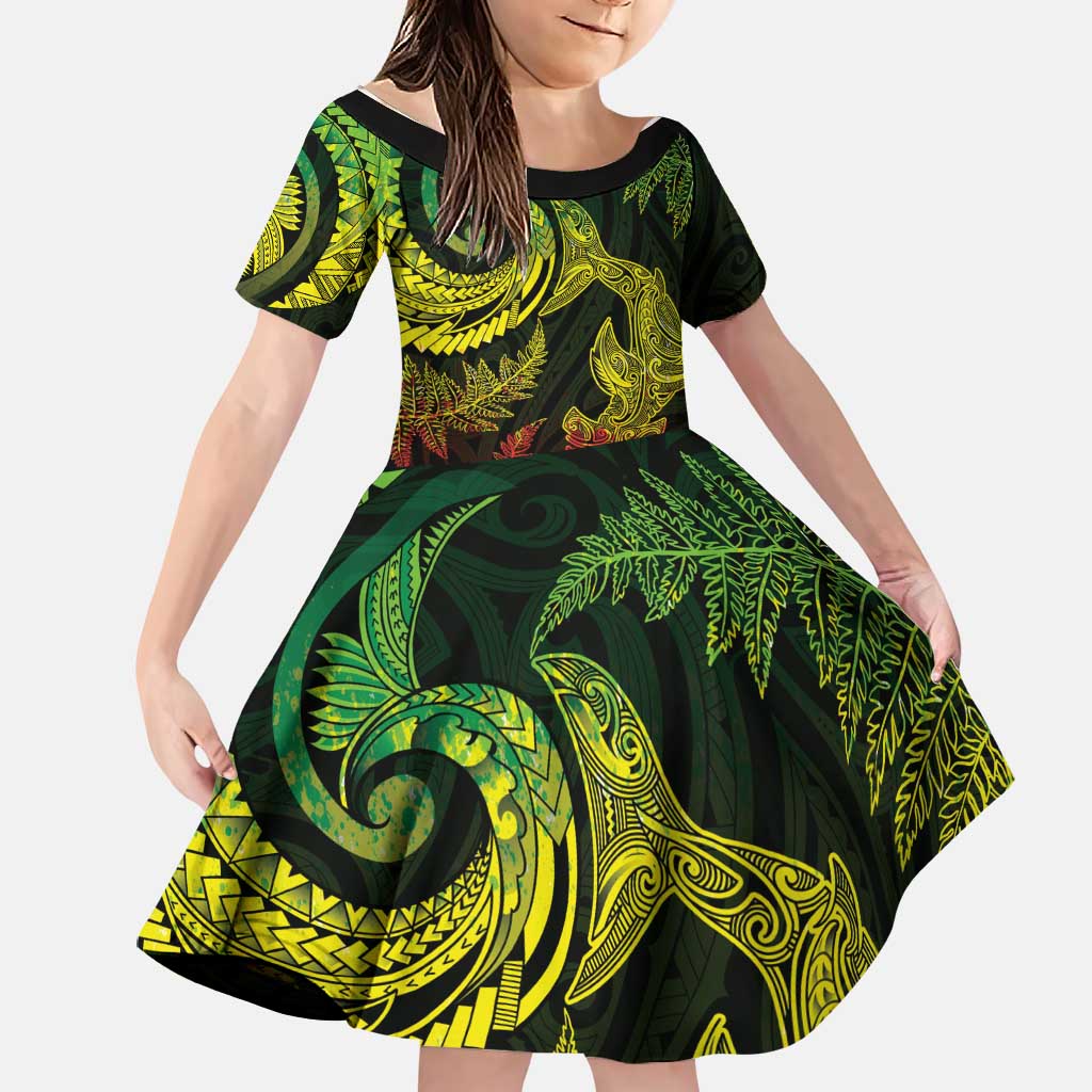 New Zealand Sea Animals with Maori Tribal Tattoo Family Matching Puletasi and Hawaiian Shirt Shark Manta Ray with Silver Fern Reggae LT03 Daughter's Dress Reggae - Polynesian Pride