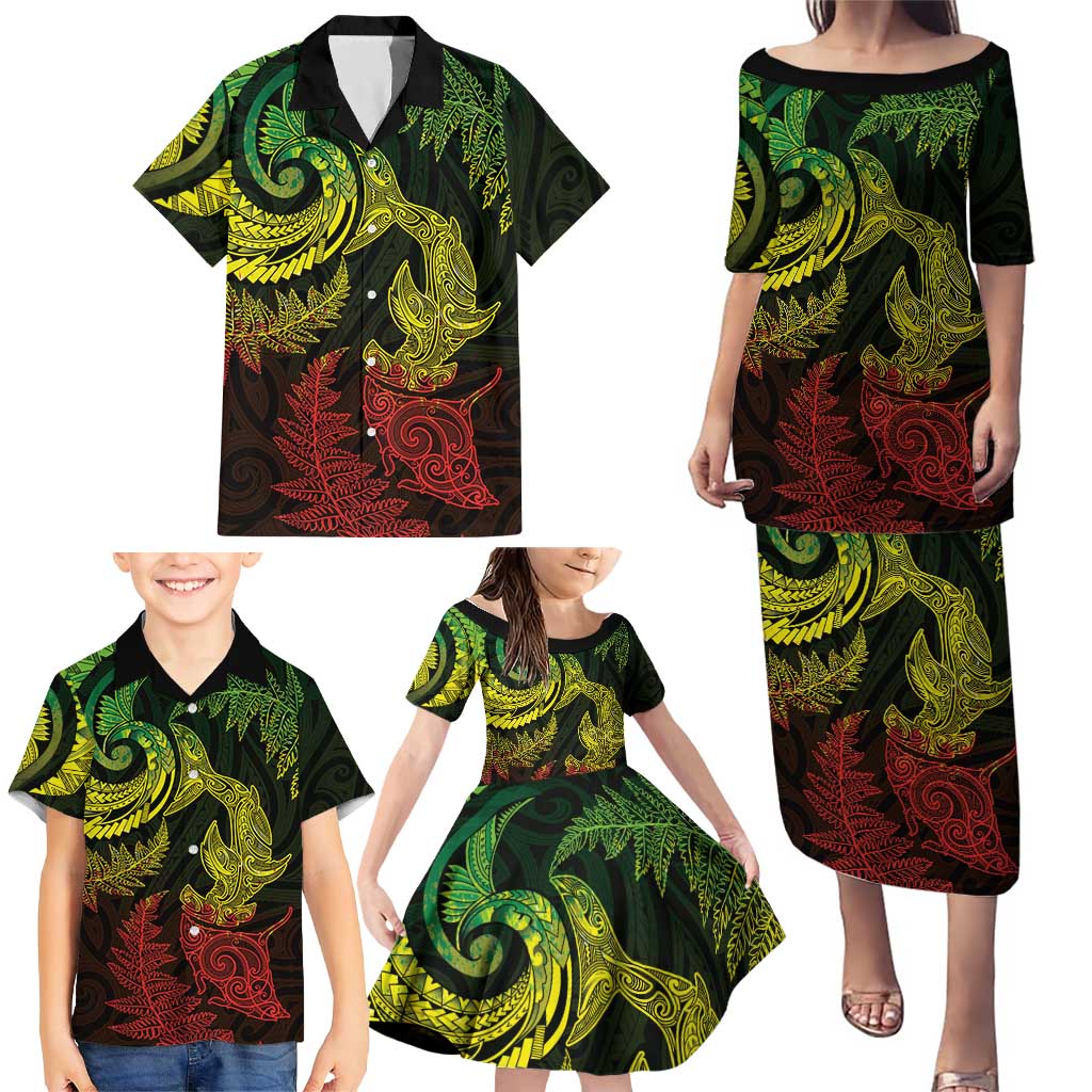 New Zealand Sea Animals with Maori Tribal Tattoo Family Matching Puletasi and Hawaiian Shirt Shark Manta Ray with Silver Fern Reggae LT03 - Polynesian Pride