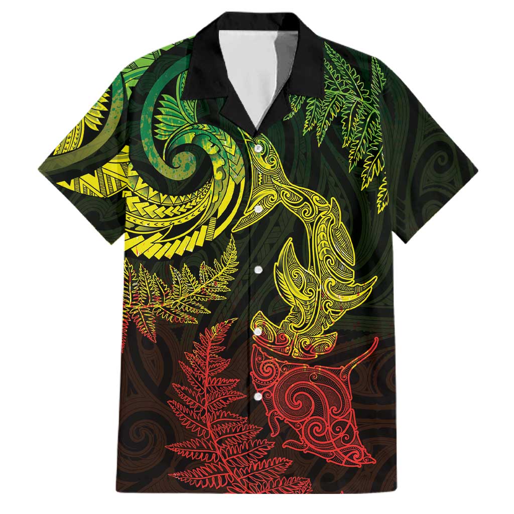 New Zealand Sea Animals with Maori Tribal Tattoo Family Matching Puletasi and Hawaiian Shirt Shark Manta Ray with Silver Fern Reggae LT03 Dad's Shirt - Short Sleeve Reggae - Polynesian Pride