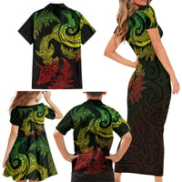 New Zealand Sea Animals with Maori Tribal Tattoo Family Matching Short Sleeve Bodycon Dress and Hawaiian Shirt Shark Manta Ray with Silver Fern Reggae LT03 - Polynesian Pride
