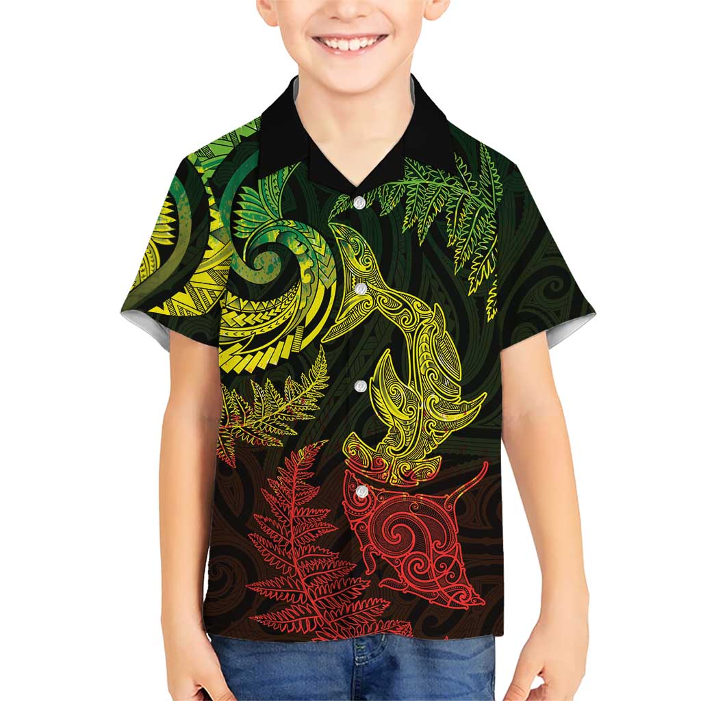 New Zealand Sea Animals with Maori Tribal Tattoo Family Matching Short Sleeve Bodycon Dress and Hawaiian Shirt Shark Manta Ray with Silver Fern Reggae LT03 Son's Shirt Reggae - Polynesian Pride