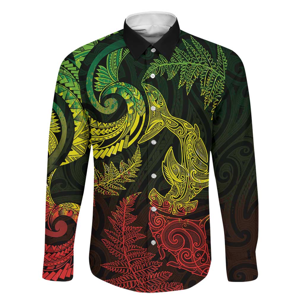 New Zealand Sea Animals with Maori Tribal Tattoo Family Matching Summer Maxi Dress and Hawaiian Shirt Shark Manta Ray with Silver Fern Reggae LT03 Dad's Shirt - Long Sleeve Reggae - Polynesian Pride