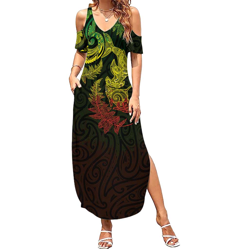 New Zealand Sea Animals with Maori Tribal Tattoo Family Matching Summer Maxi Dress and Hawaiian Shirt Shark Manta Ray with Silver Fern Reggae LT03 Mom's Dress Reggae - Polynesian Pride