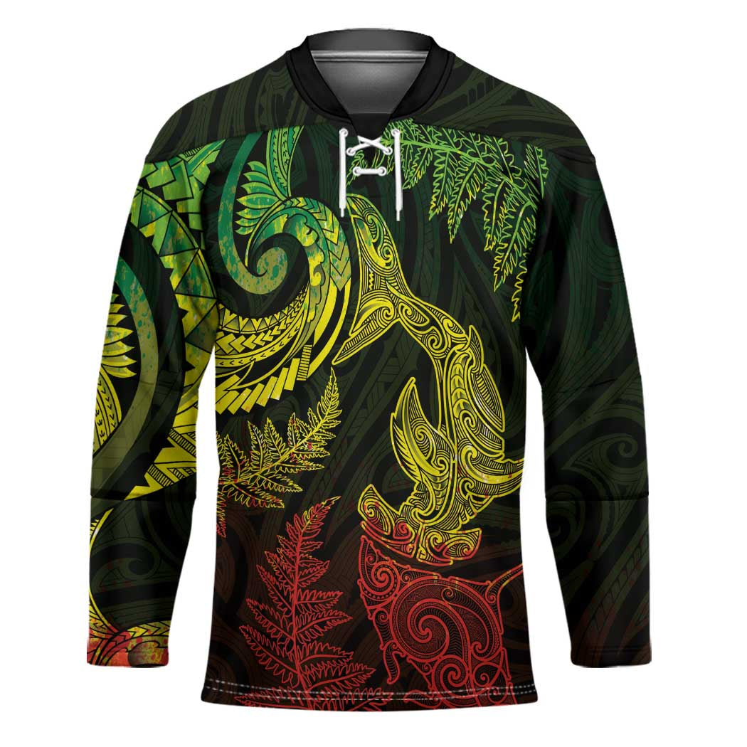 New Zealand Sea Animals with Maori Tribal Tattoo Hockey Jersey Shark Manta Ray with Silver Fern Reggae LT03 Unisex Reggae - Polynesian Pride