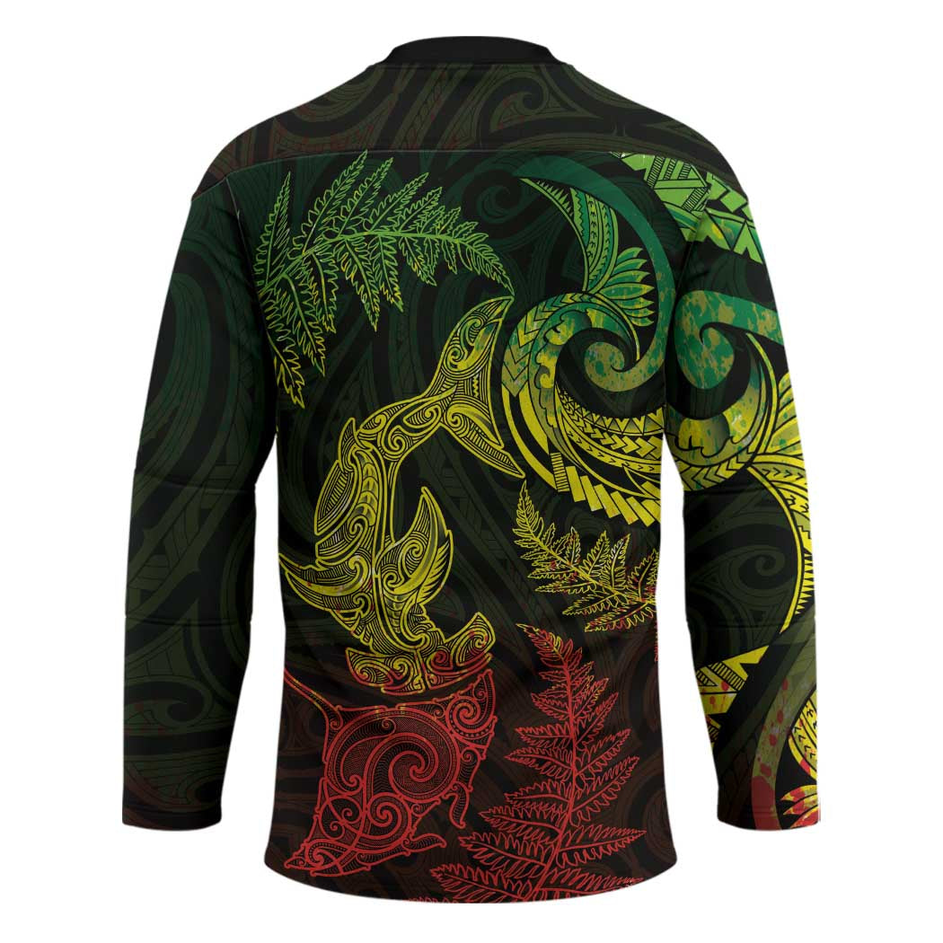 New Zealand Sea Animals with Maori Tribal Tattoo Hockey Jersey Shark Manta Ray with Silver Fern Reggae LT03 - Polynesian Pride