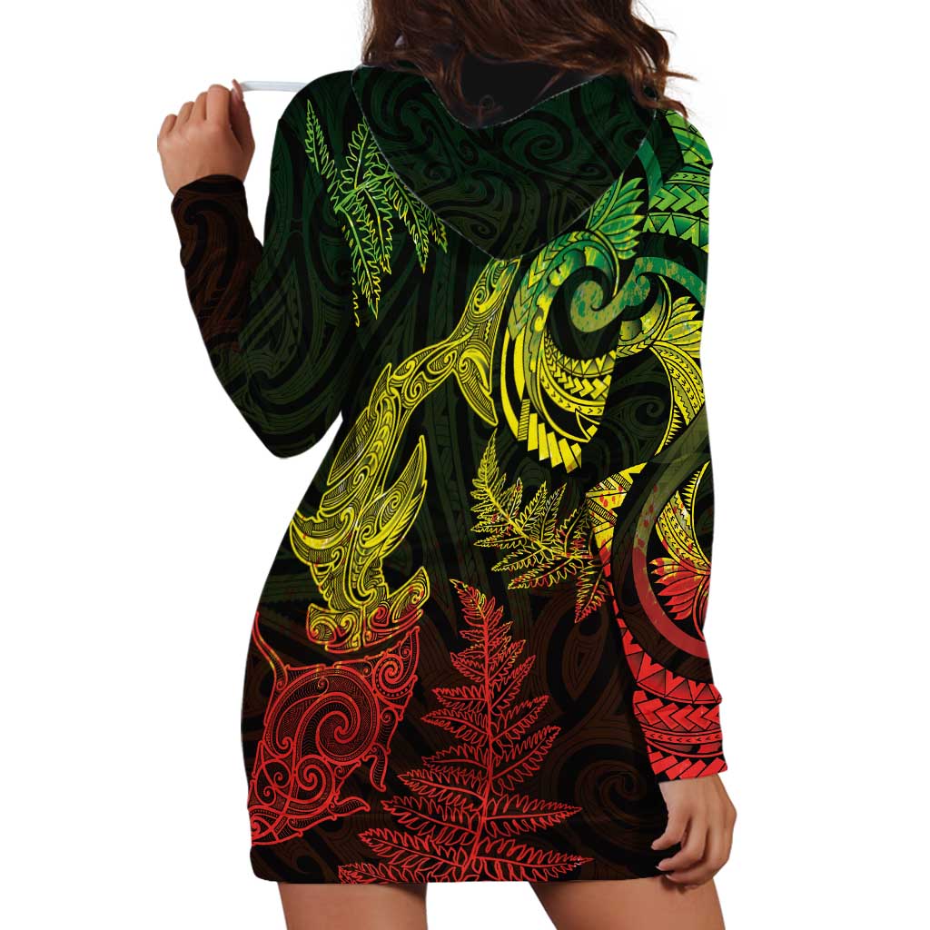 New Zealand Sea Animals with Maori Tribal Tattoo Hoodie Dress Shark Manta Ray with Silver Fern Reggae LT03 - Polynesian Pride