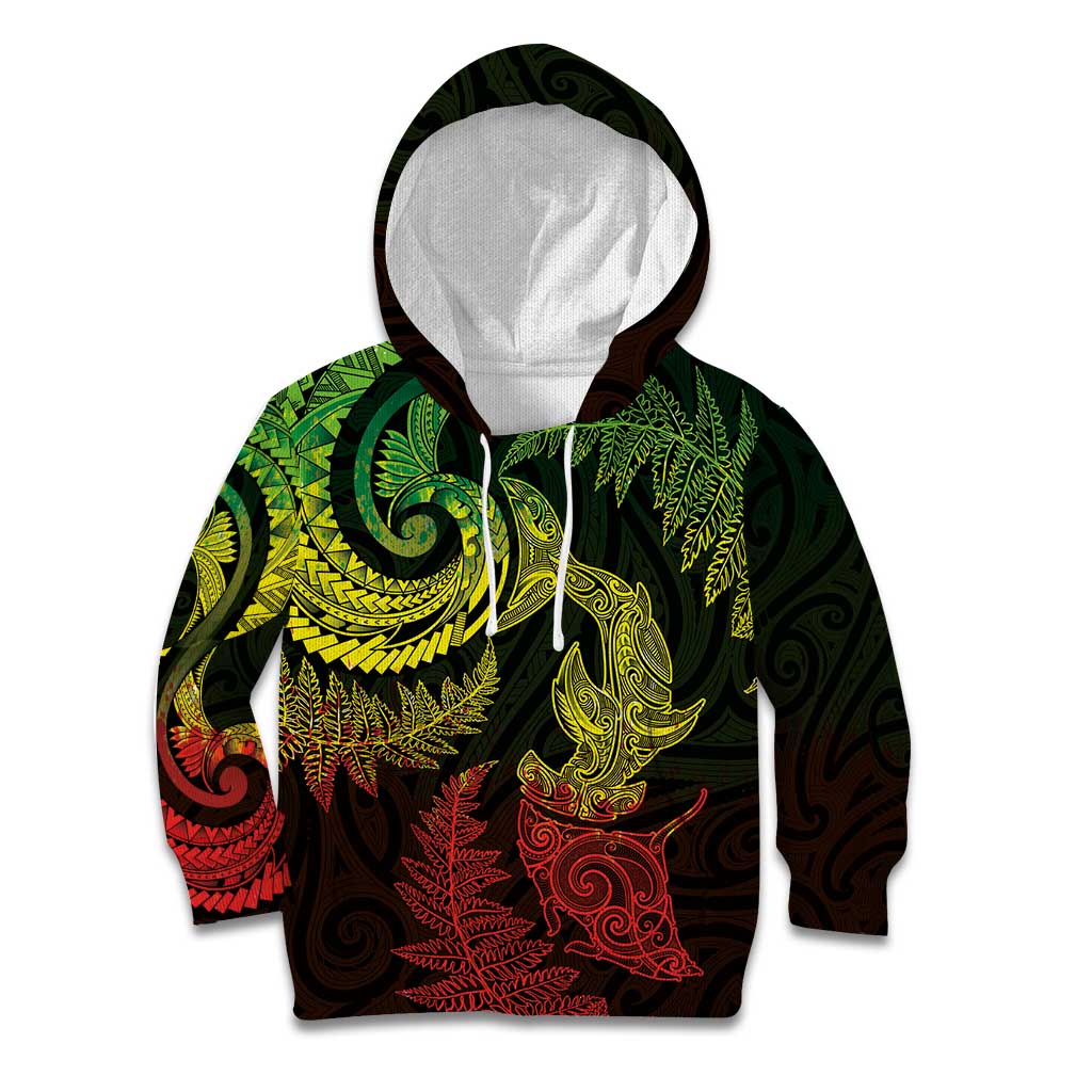 New Zealand Sea Animals with Maori Tribal Tattoo Kid Hoodie Shark Manta Ray with Silver Fern Reggae LT03 Hoodie Reggae - Polynesian Pride