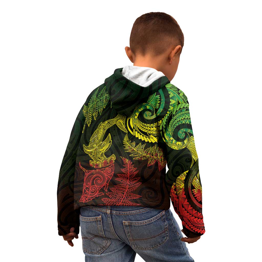 New Zealand Sea Animals with Maori Tribal Tattoo Kid Hoodie Shark Manta Ray with Silver Fern Reggae LT03 - Polynesian Pride