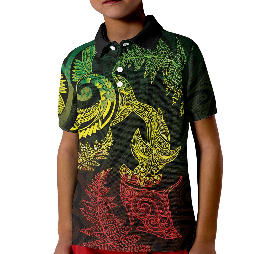 New Zealand Sea Animals with Maori Tribal Tattoo Kid Polo Shirt Shark Manta Ray with Silver Fern Reggae LT03 Kid Reggae - Polynesian Pride